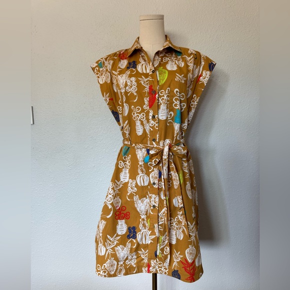 Anthropologie Maeve Toni Button Front Belted Tunic Dress Gold size Small - Picture 4 of 16